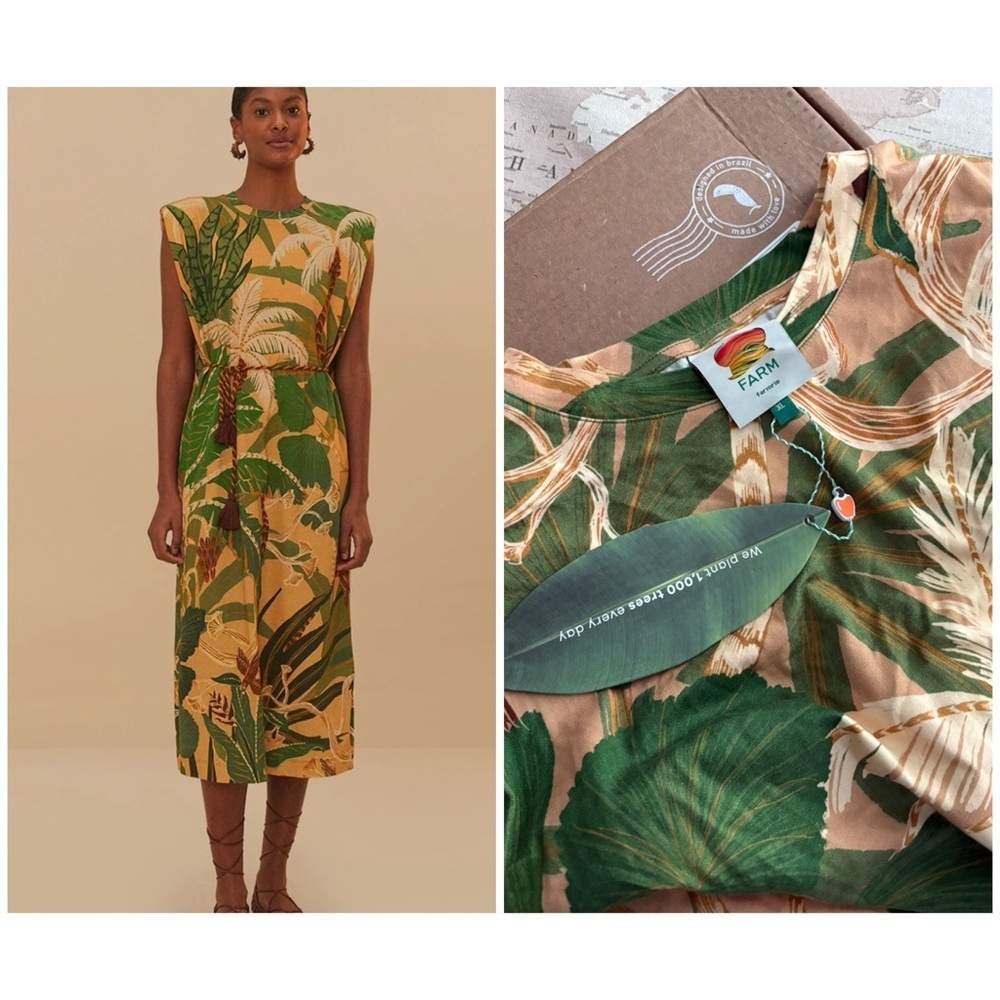 160$ Farm Rio Tropical Isla Padded Shoulders Midi Dress Size L Beige Green